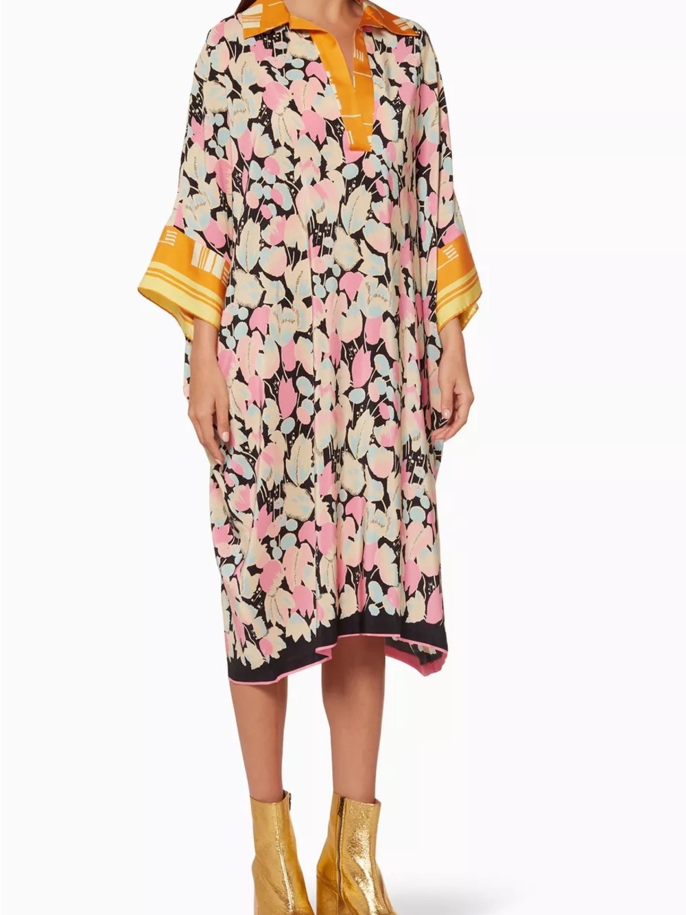 NWOT Dries Van Noten Pink, Cream & Black Floral Midi Dress
